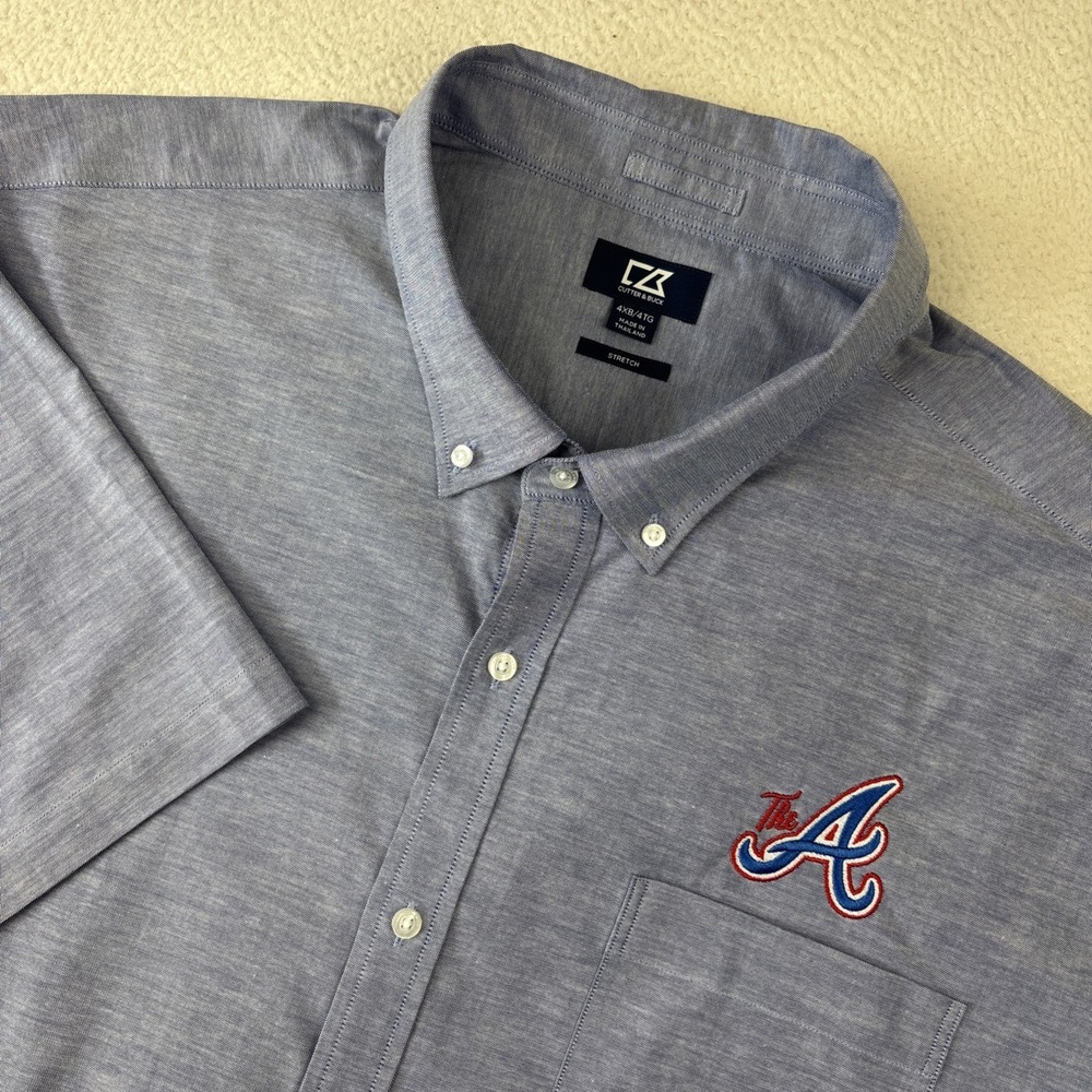 ATLANTA BRAVES Mens Short Sleeve Button-Down Shirt 4XB Blue Stretch Collared SS